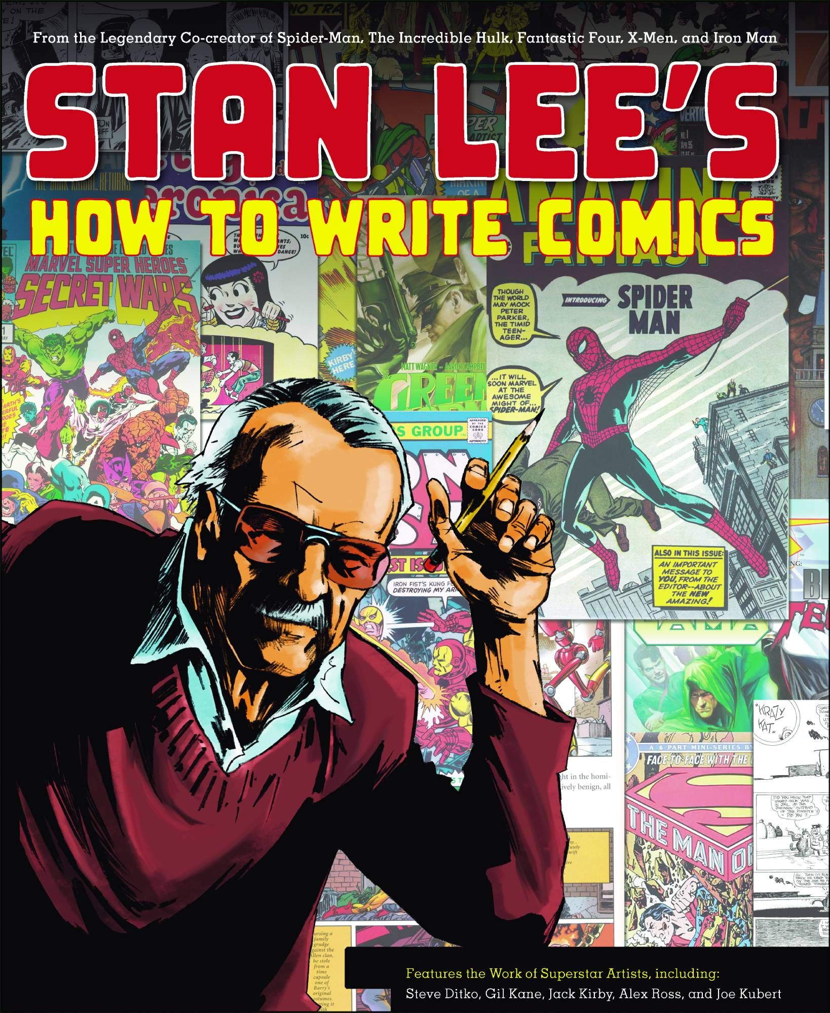 Capa de "Stan Lee: How to Write Comics" apresentando um Lee ilustrado na frente de quadrinhos notáveis ​​da Marvel