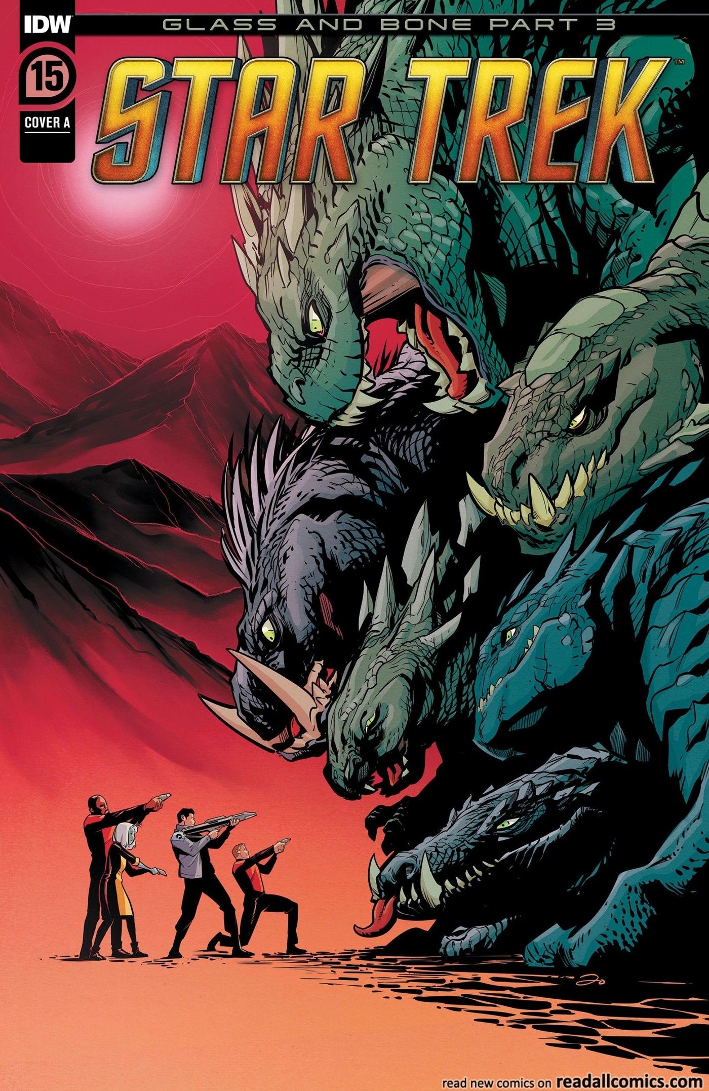 Cover featuring an away team threatend by the Tzenkethi, who are large dinosaurs.