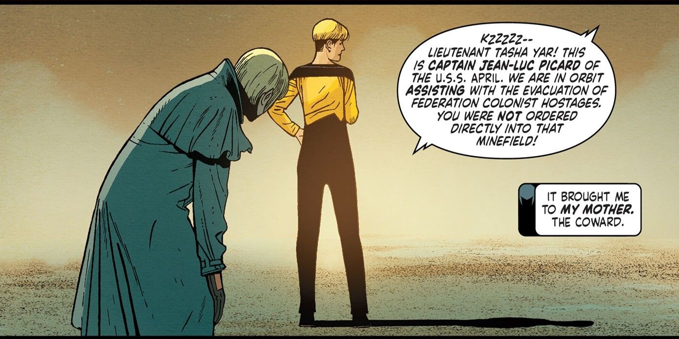 Tasha Yar stands with her back to the reader, while her daughter Sela stands behind her. Tasha is talking to Captain Picard of the USS April