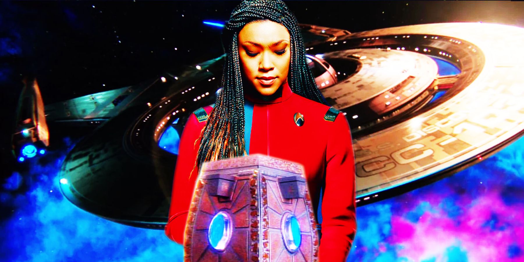 Burnham looks down at a Bajoran Orb Ark as the Discovery flies behind her