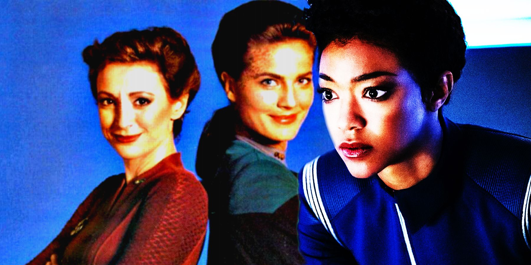 A composite image of Dax and Kira from Star Trek: DS9 and Michael Burnham from Star Trek: Discovery