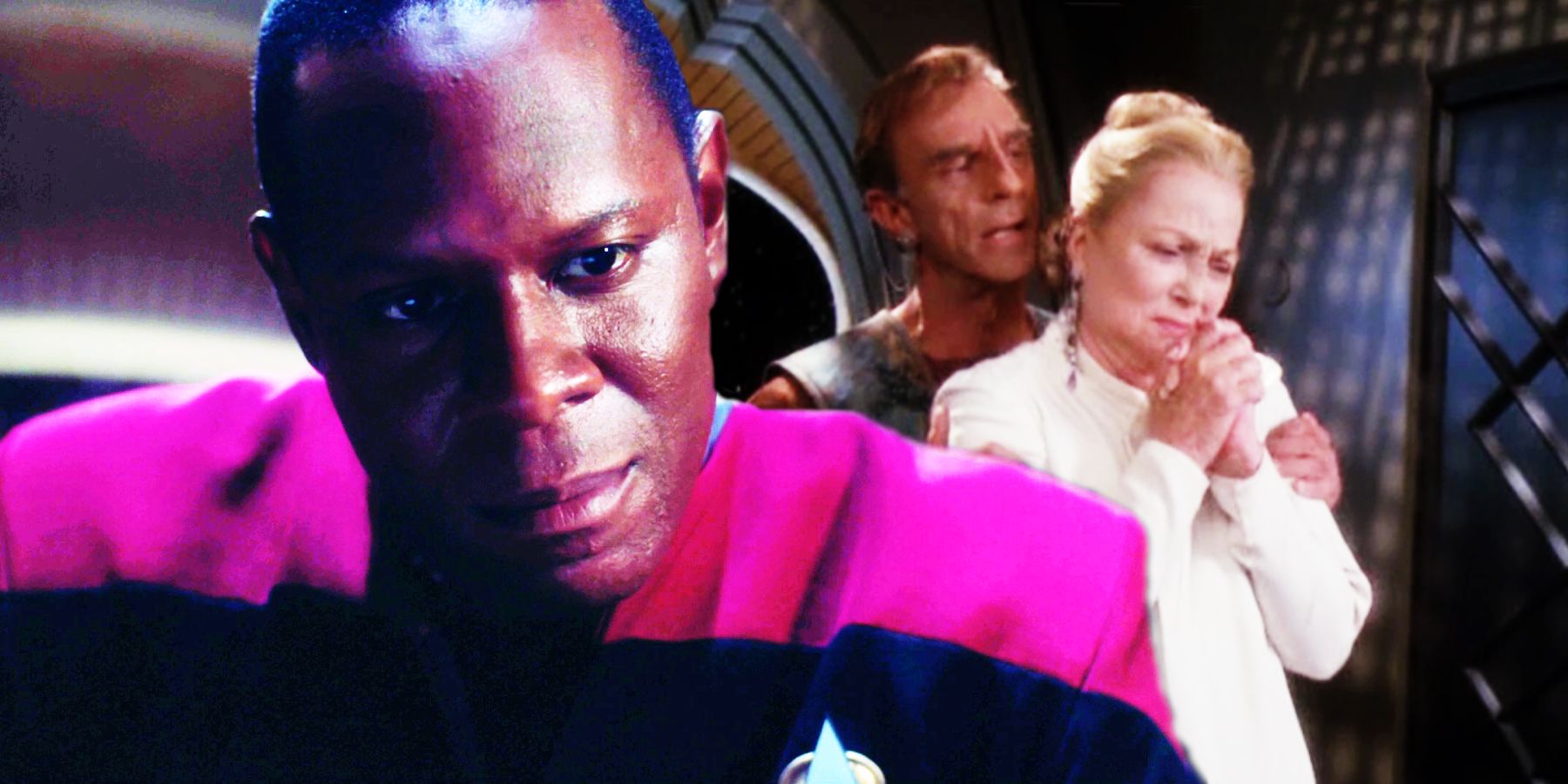 Sisko looks concerned as Dukat and Winn embrace