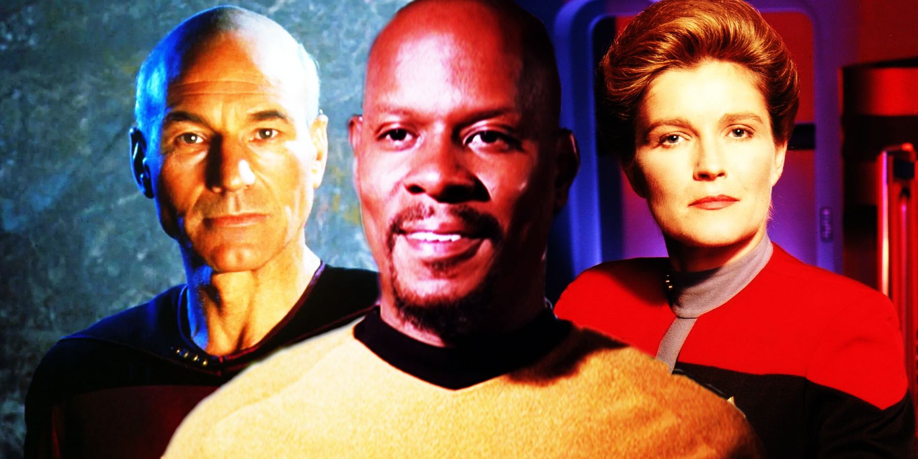 Sisko in TOS uniform in front of Picard and Janeway
