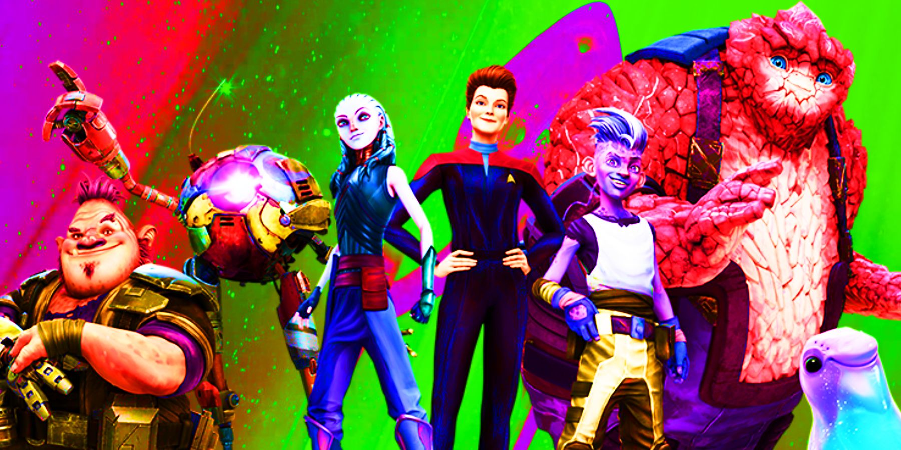 The Star Trek: Prodigy characters in front of a pink and green background