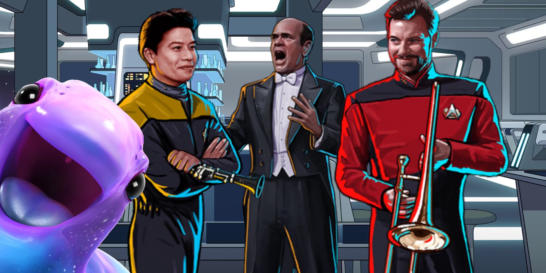 Murf grins as Harry Kim and Riker hold their musical instruments as the Doctor sings a solo