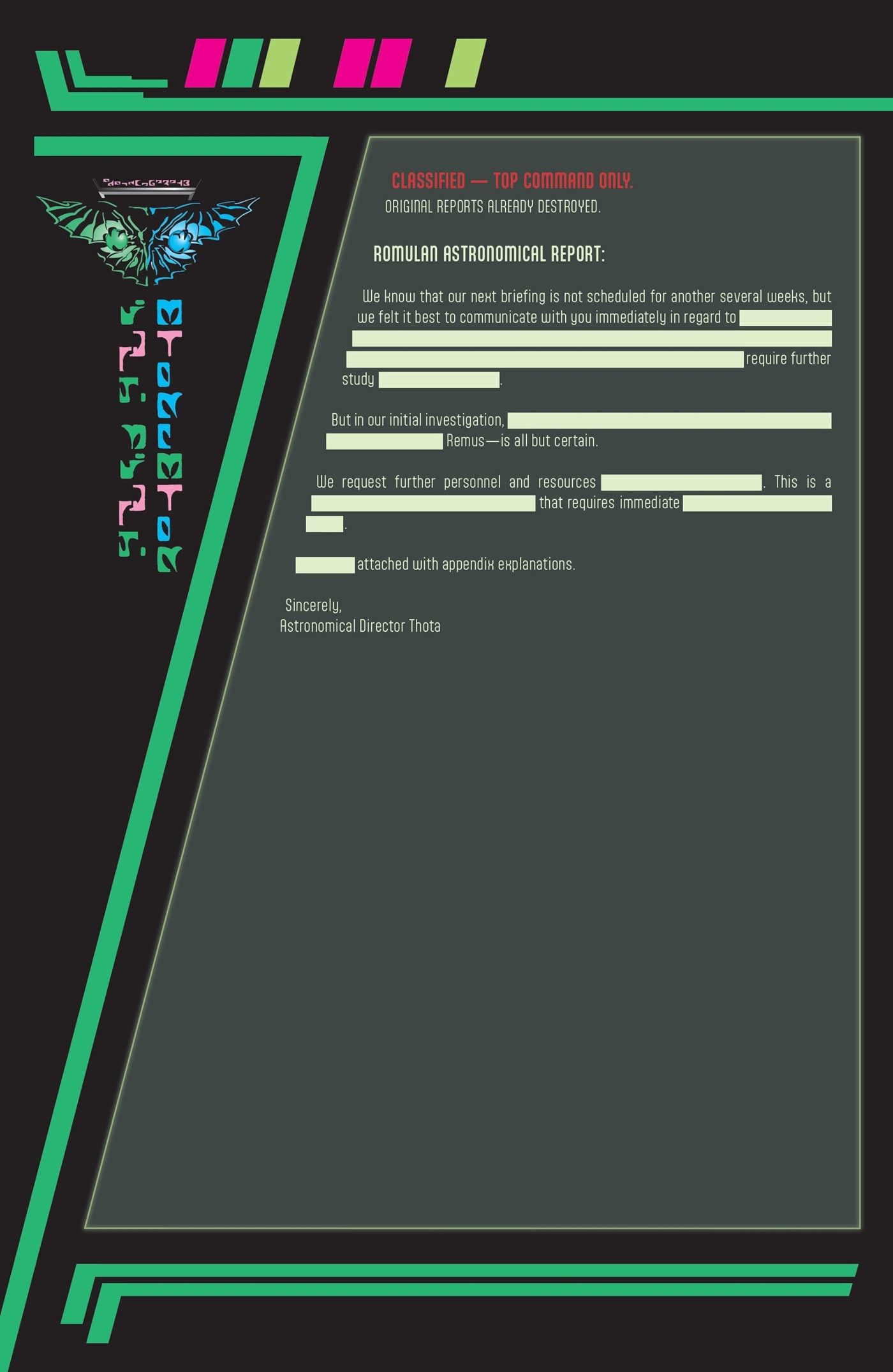 Image of a heavily redacted Romulan briefing, hinting at the coming supernova.