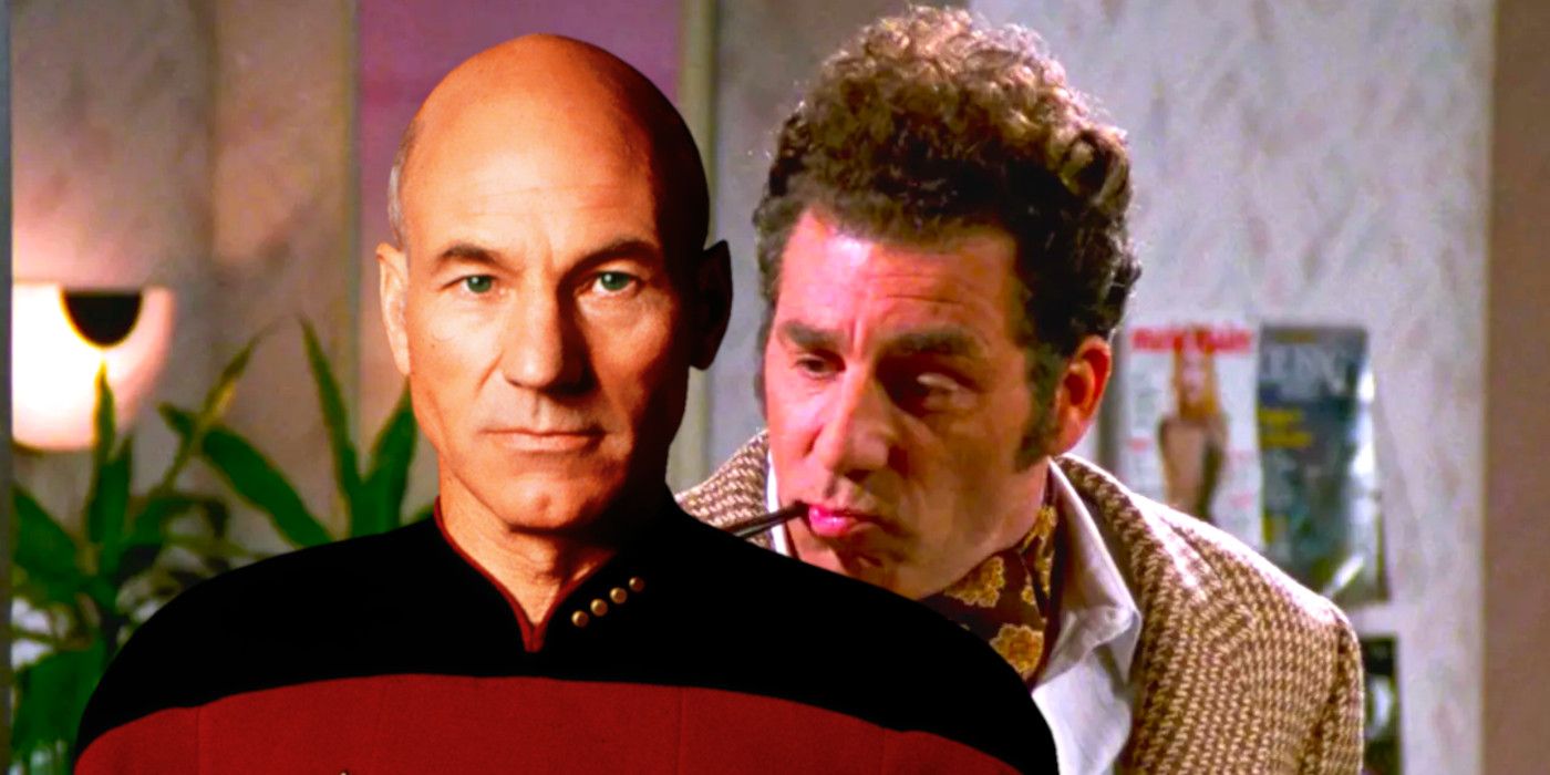 Custom image showing Picard from Star Trek TNG looking dramatically forward and Kramer from Seinfeld being wacky while smoking a pipe