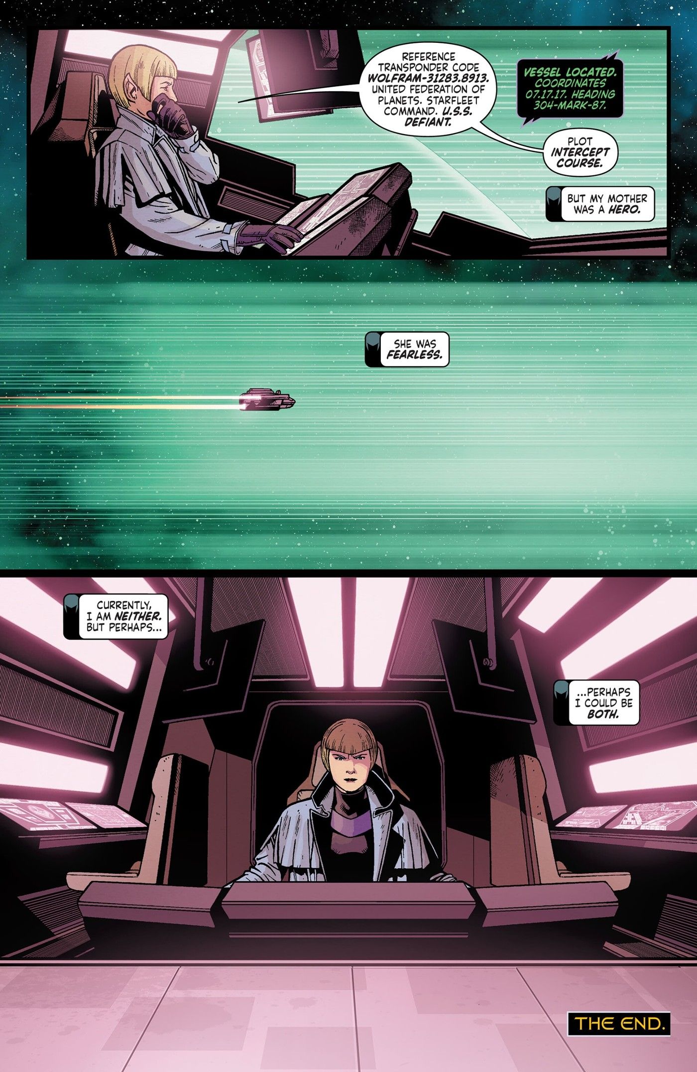 Three panels of Sela, in her spaceship, on her way to meet with the USS Defiant.