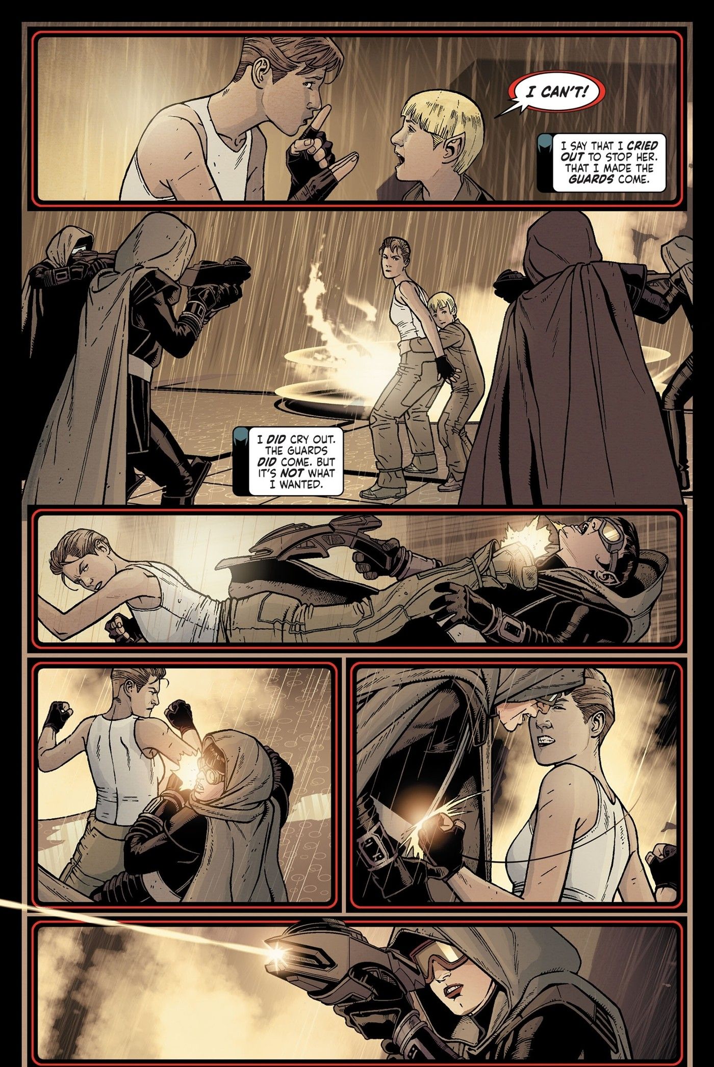 Six panels of Tasha Yar and Sela trying to escape a Romulan compound.