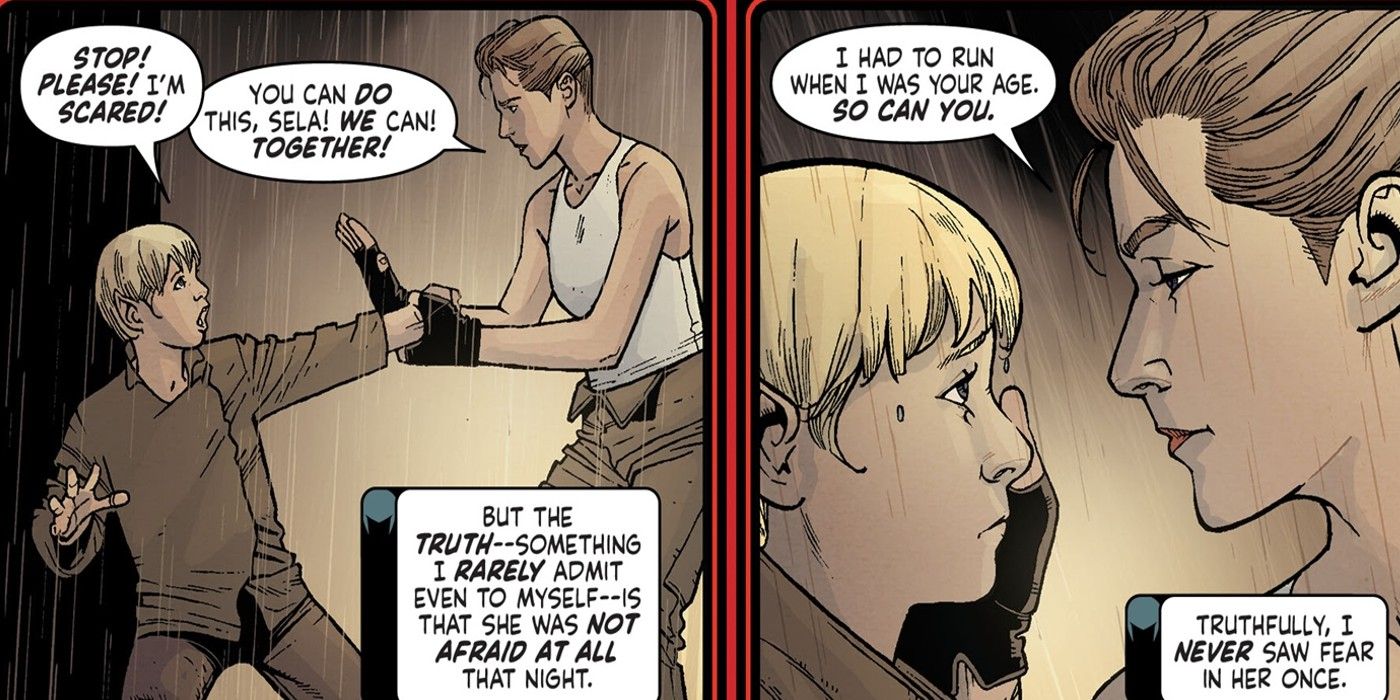 Two panels of Tasha Yar trying to calm a young Sela.