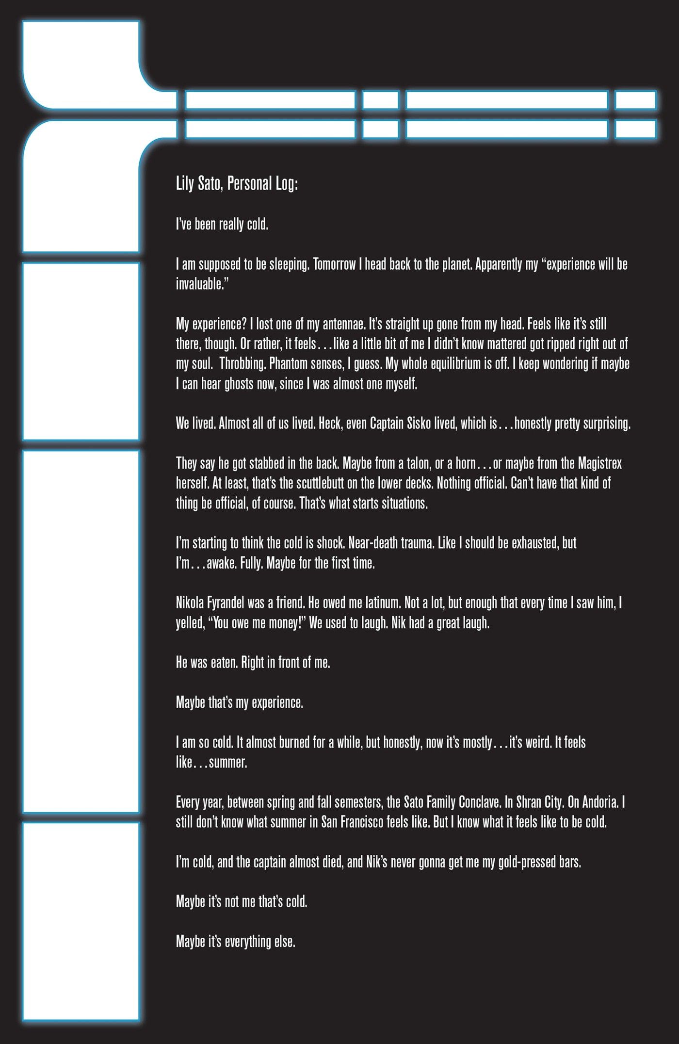 A text piece from Ensign Sato, mentioning Shran City