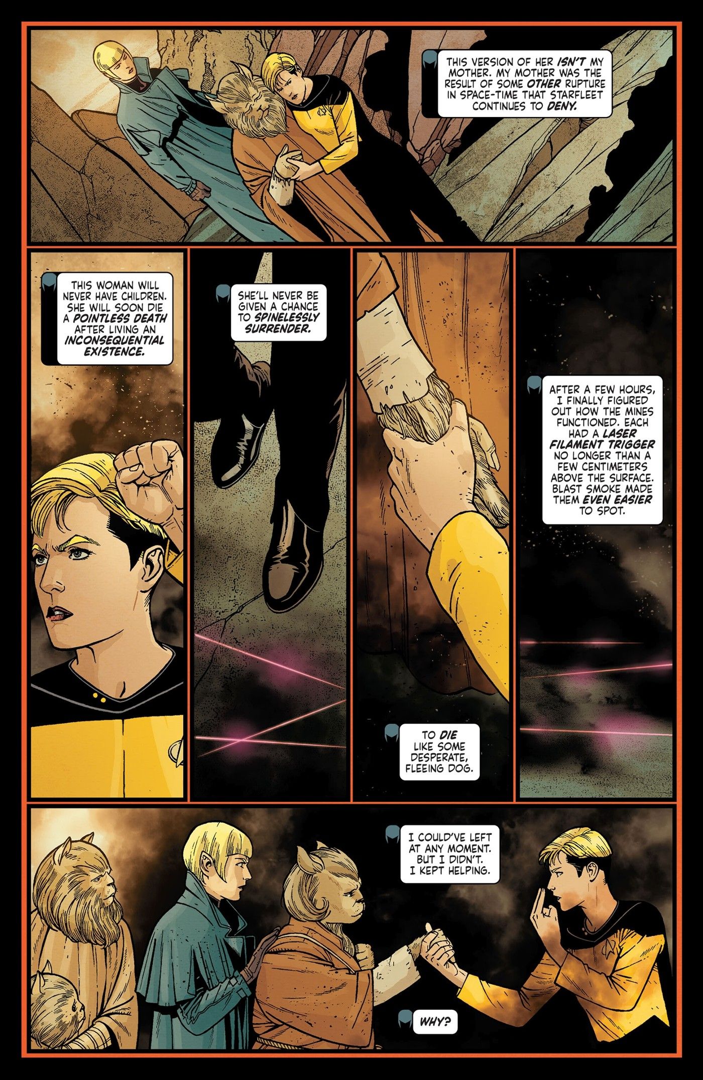 Six panels of Sela watching her mother Tasha Yar in action.