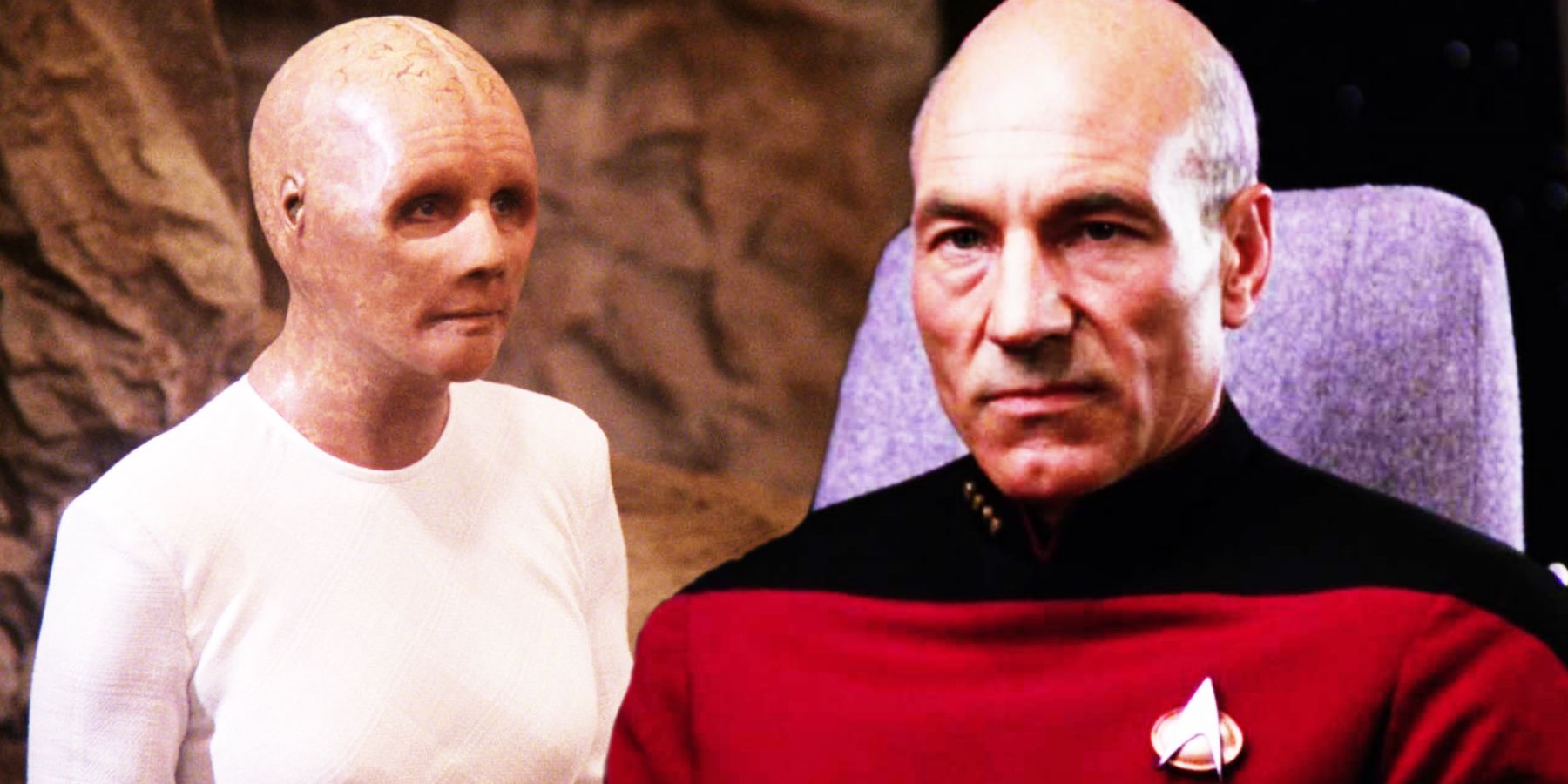Salome Jens as the ancient humanoid and Patrick Stewart as Jean-Luc Picard