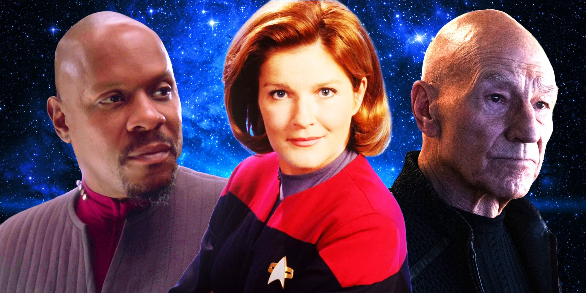 Avery Brooks' Captain Sisko, Kate Mulgrew’s Captain Janeway, and Patrick Stewart’s Admiral Picard from Star Trek: Deep Space Nine, Voyager, and Picard respectively stand side-by-side.
