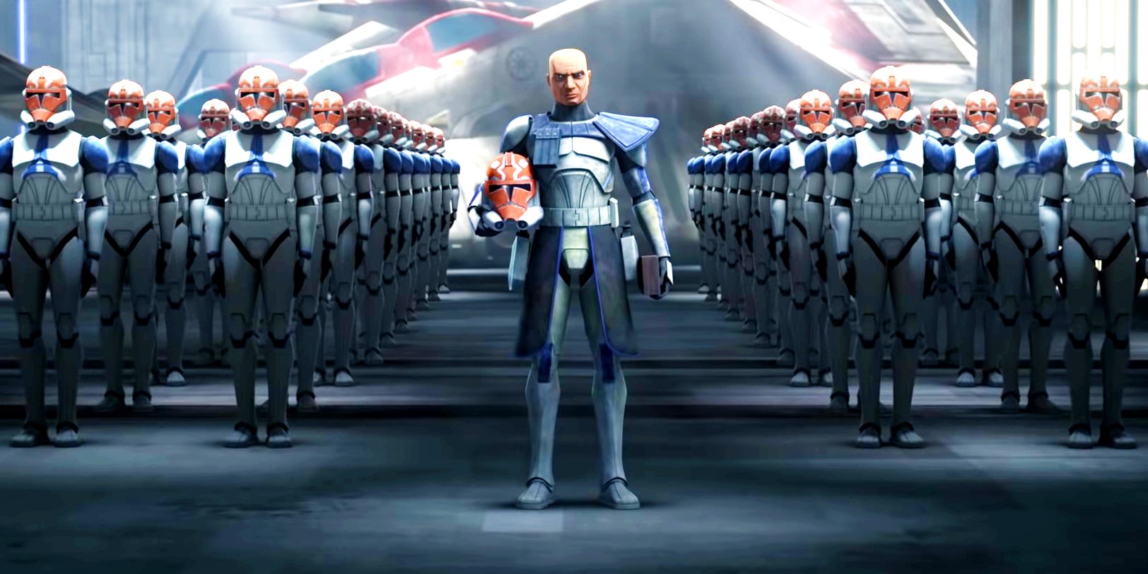 Soldados clones de Star Wars estão prontos com capacetes Ahsoka, com Rex no meio