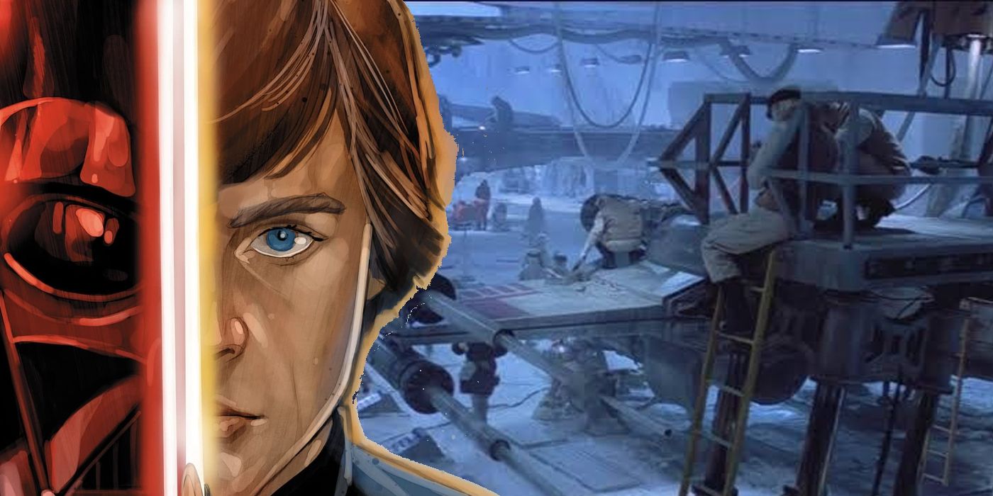 Featured Image: Luke and Vader split image from Free Comic Book day issue cover (left) and the Echo Base hanger bay from Empire Strikes Back (right)