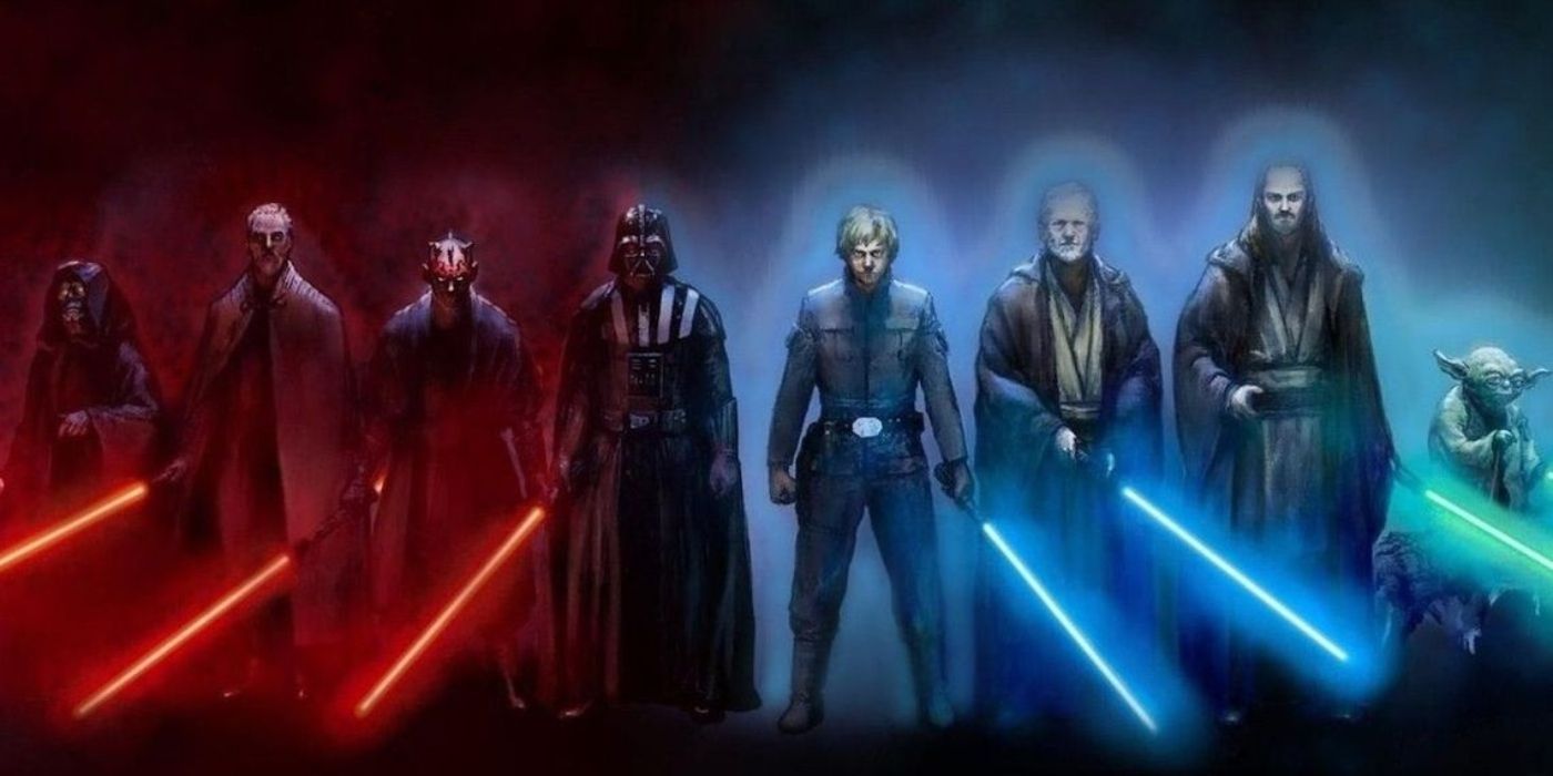 Star Wars' Jedi and Sith standing side-by-side.