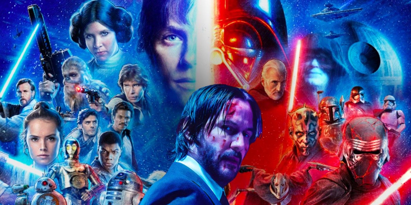 John Wick against a backdrop of Star Wars characters
