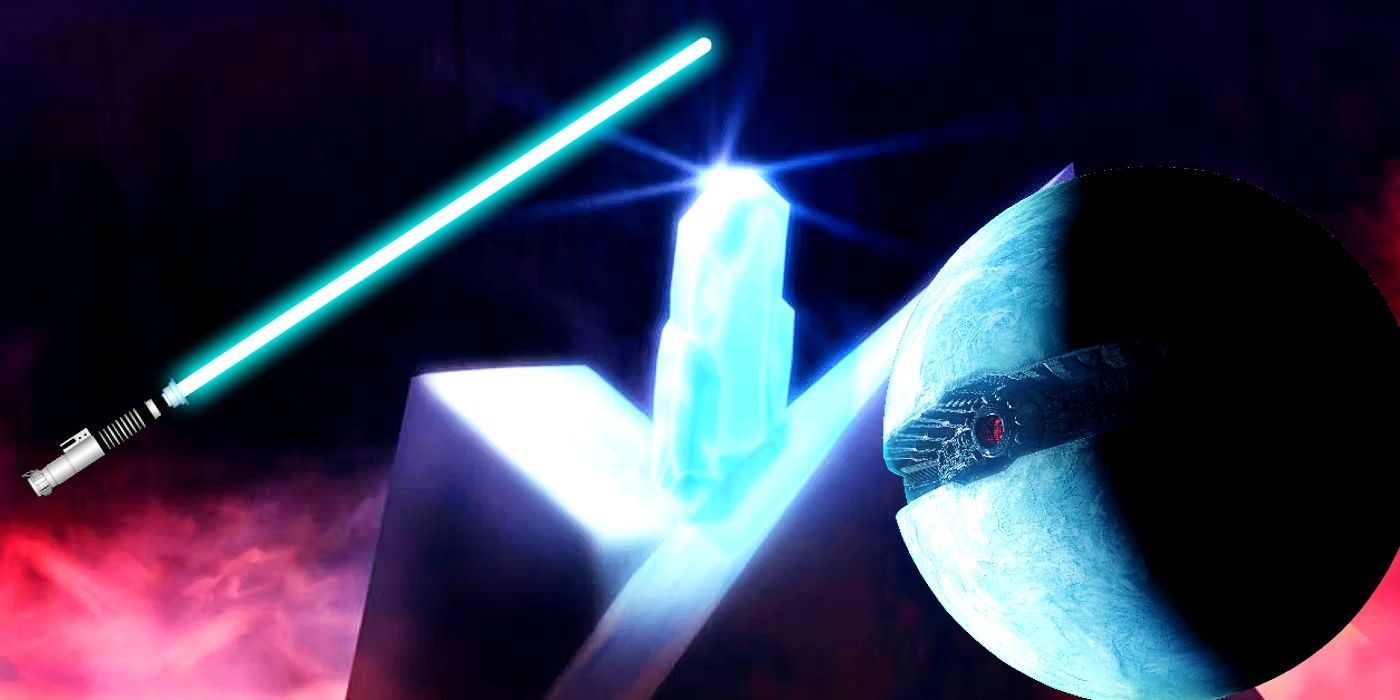 A kyber crystal with a lightsaber on the left and Starkiller Base on the right.