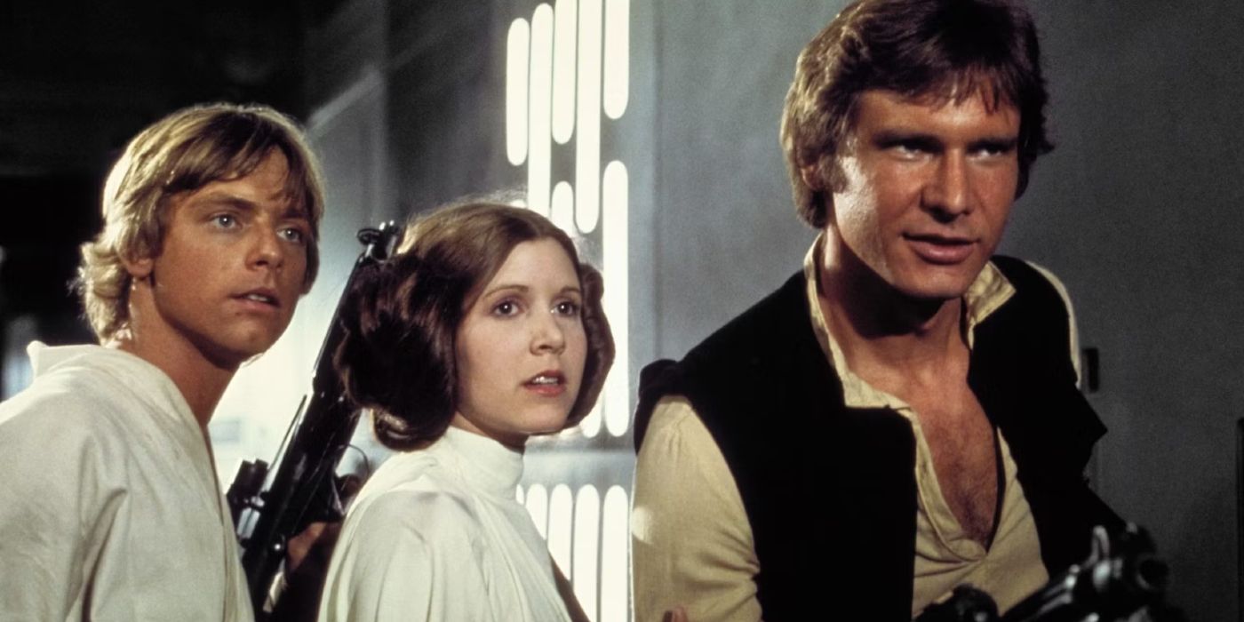 Luke, Leia, and Han Solo standing together in A New Hope