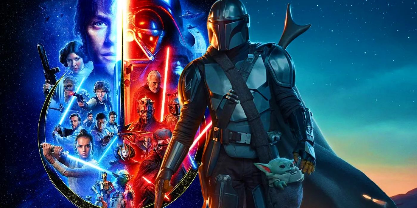 The poster for the Skywalker Saga next to Din Djarin and Grogu in The Mandalorian