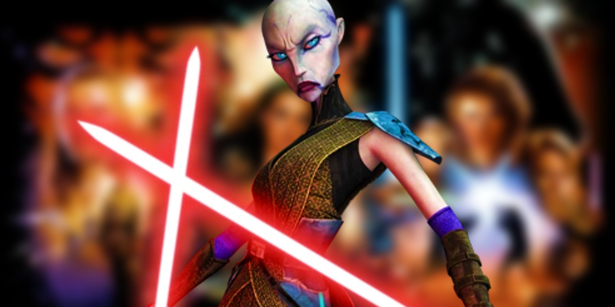 A blurred image of the Star Wars prequel posters behind Asajj Ventress wielding her red lightsabers from Star Wars: The Clone Wars
