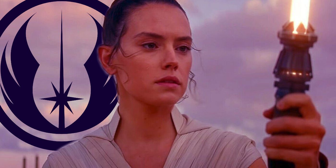 Rey com o logotipo da Nova Ordem Jedi atrás dela
