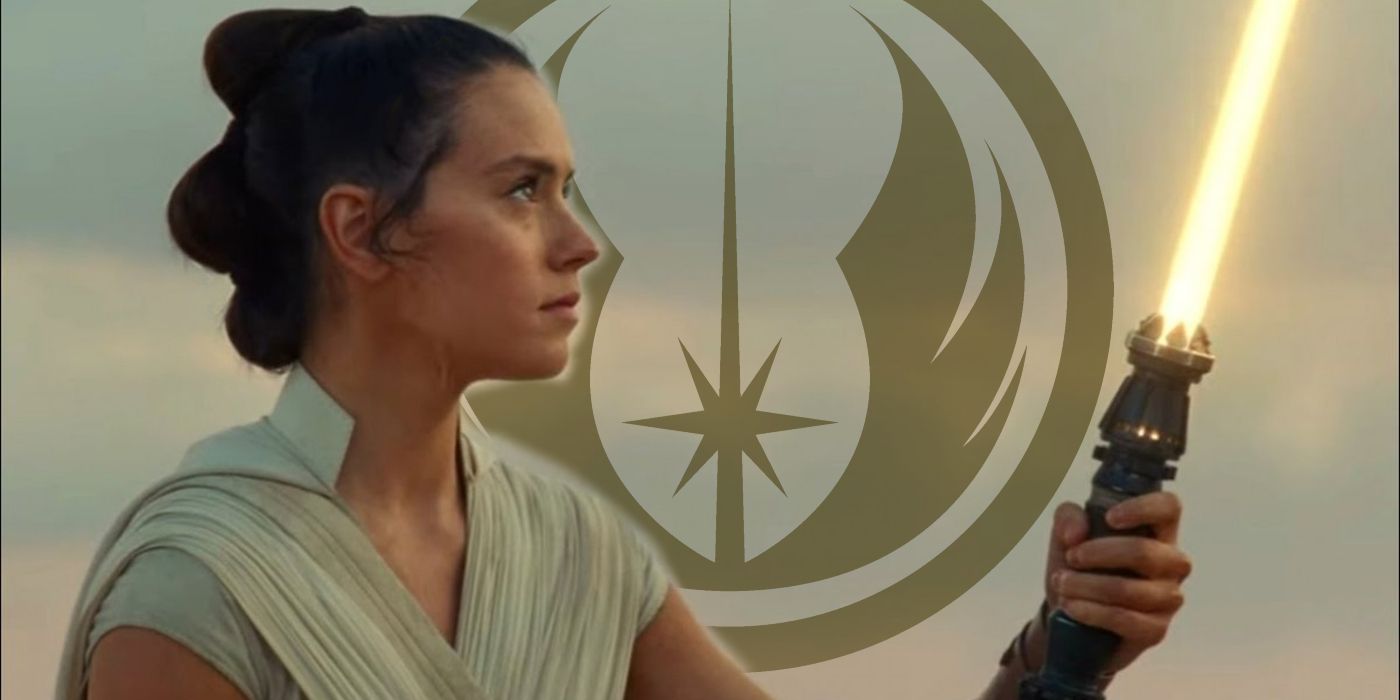 Rey looking at her lighted yellow lightsaber on Tatooine in The Rise of Skywalker with the logo of the Jedi Order