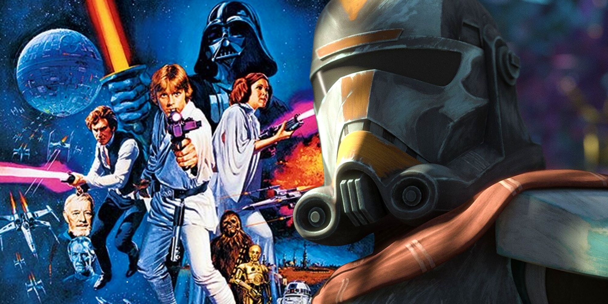 Hunter from Star Wars: The Bad Batch next to the poster for A New Hope