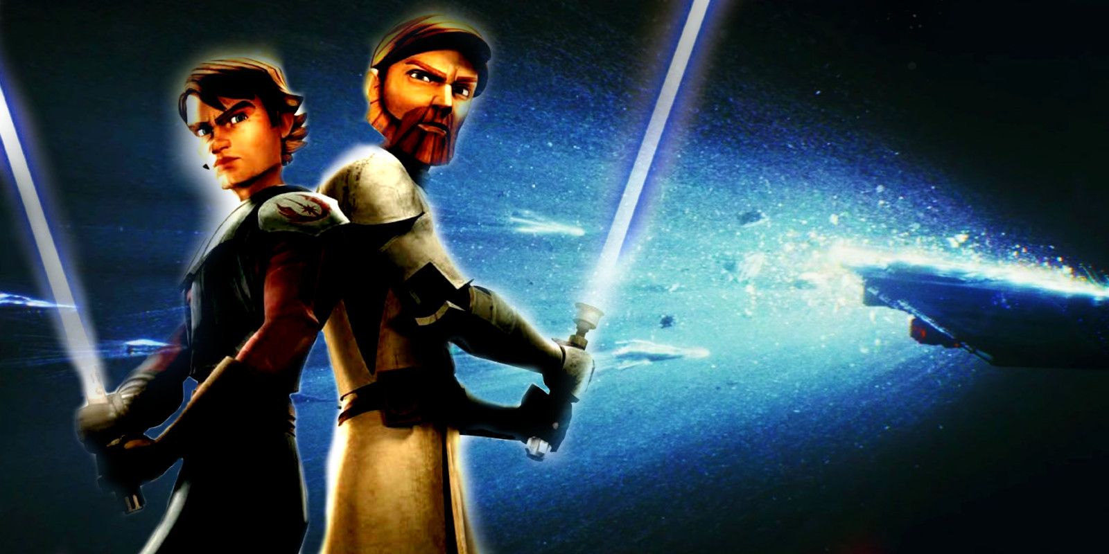 The Clone Wars' Anakin Skywalker and Obi-Wan Kenobi in front of The Last Jedi's Holdo Maneuver visual