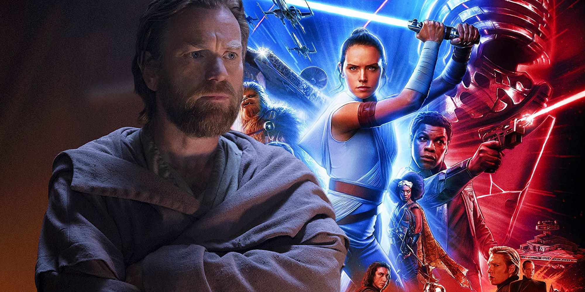 The poster for Star Wars: The Rise of Skywalker next to Ewan McGregor crossing his arms as Obi-Wan Kenobi