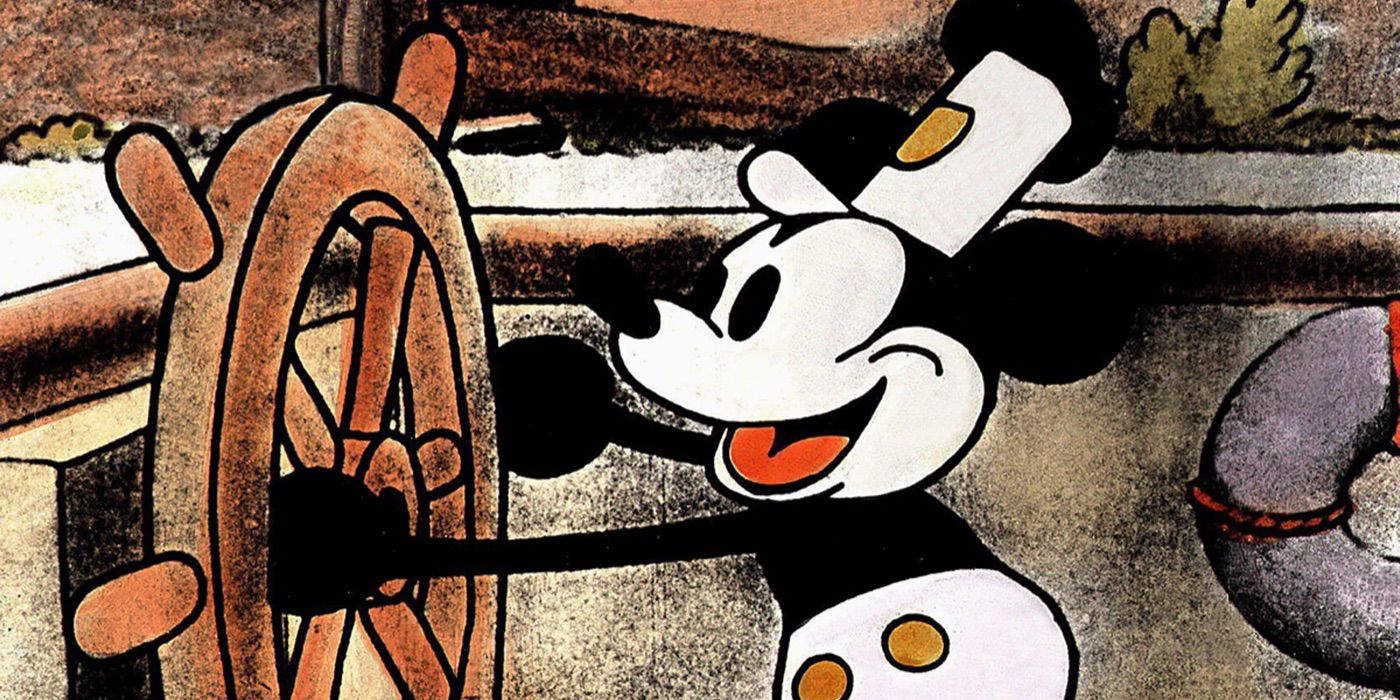 Mickey smiles in a colorized version of Steamboat Willie