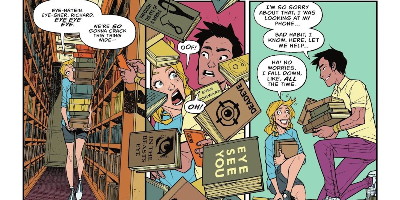 Comic book panels: Stephanie Brown crashes into Kyle Mizoguchi, dropping a huge stack of books in the library.