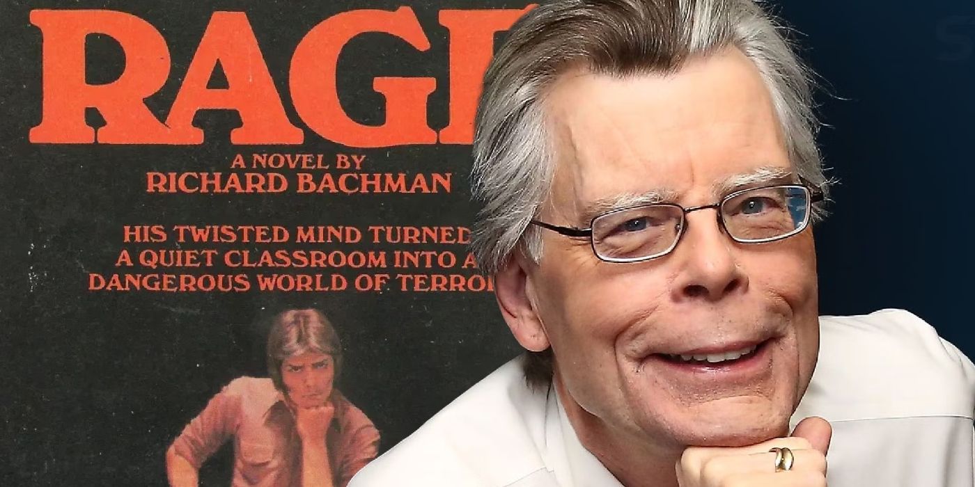 Stephen King in front of the cover for his novel Rage, written under the name Richard Bachman.