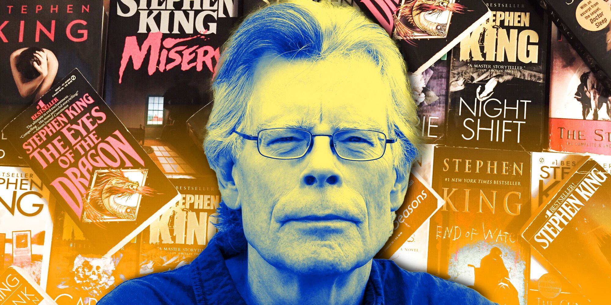 stephen king stylised image over a pile of his books