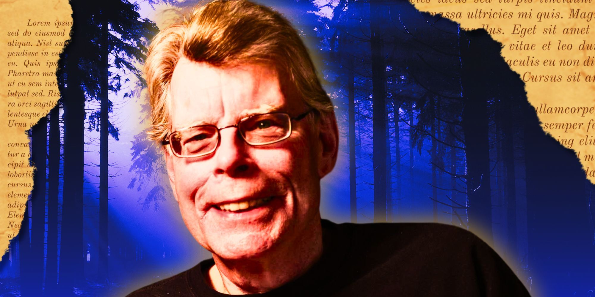 Stephen King with a background of book pages and a dark blue forest