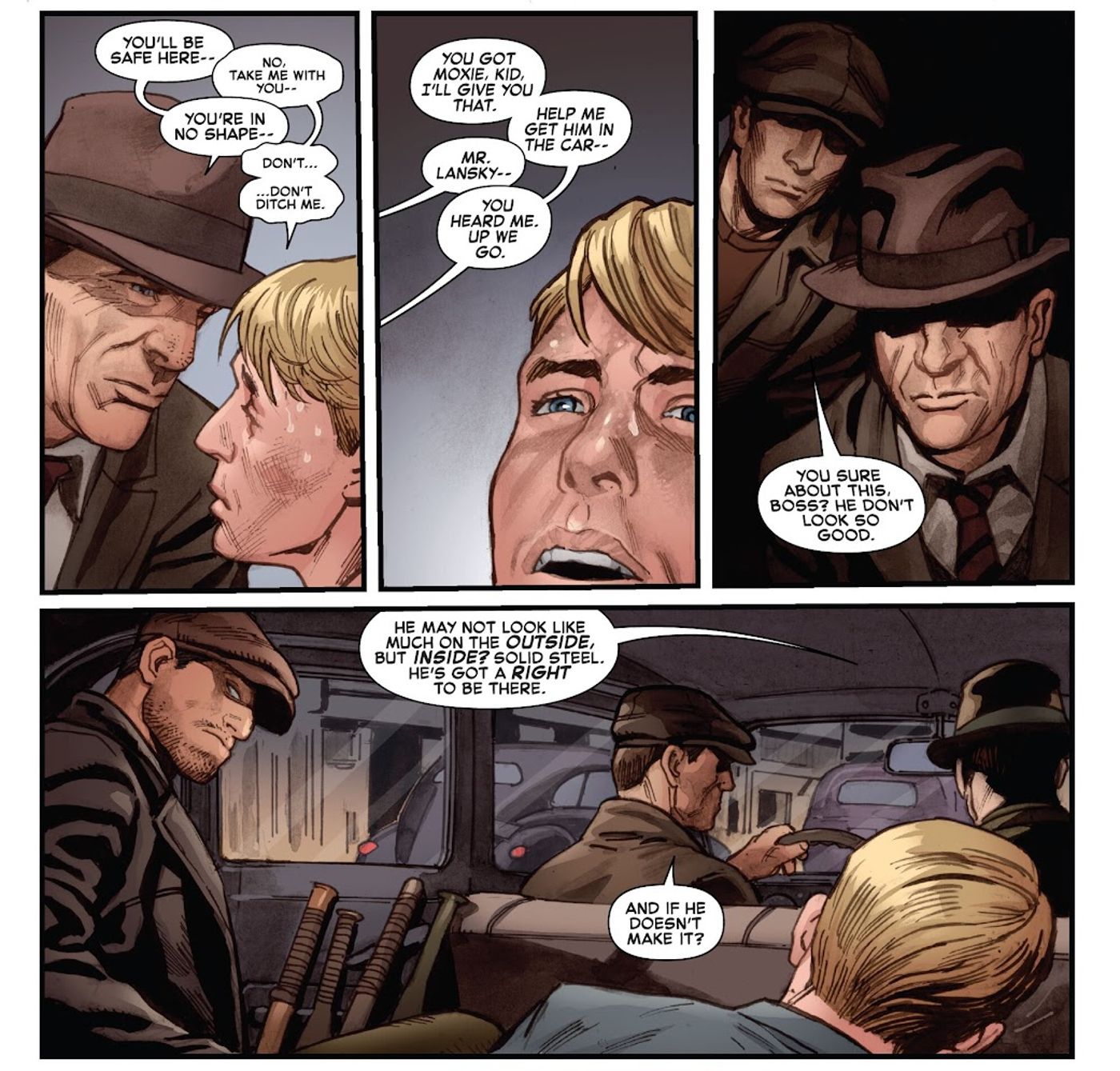 Captain America #5, Meyer Lansky defends Steve Rogers right to go up against the Nazis as they drive to the rally.