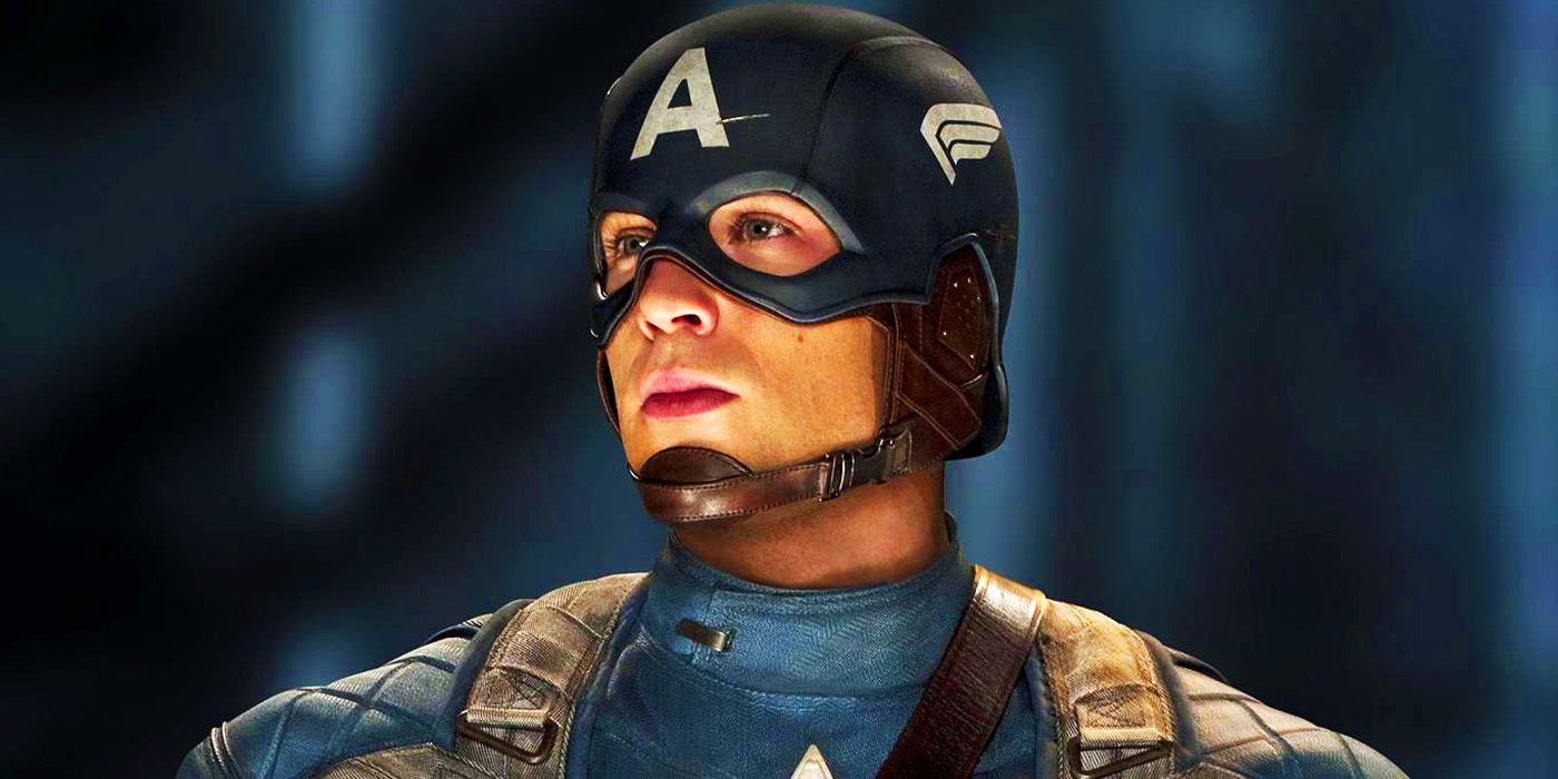 Close-up shot of Chris Evans' Steve Rogers as Captain America in Captain America: The First Avenger