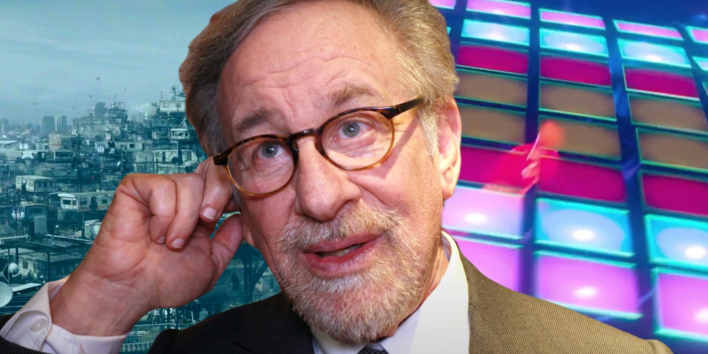 Steven Spielberg with a Ready Player One background