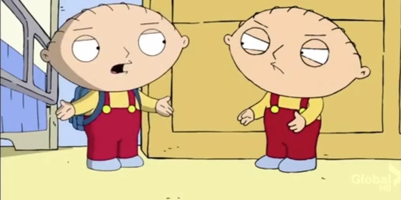 Stewie meets himself in Family Guy.