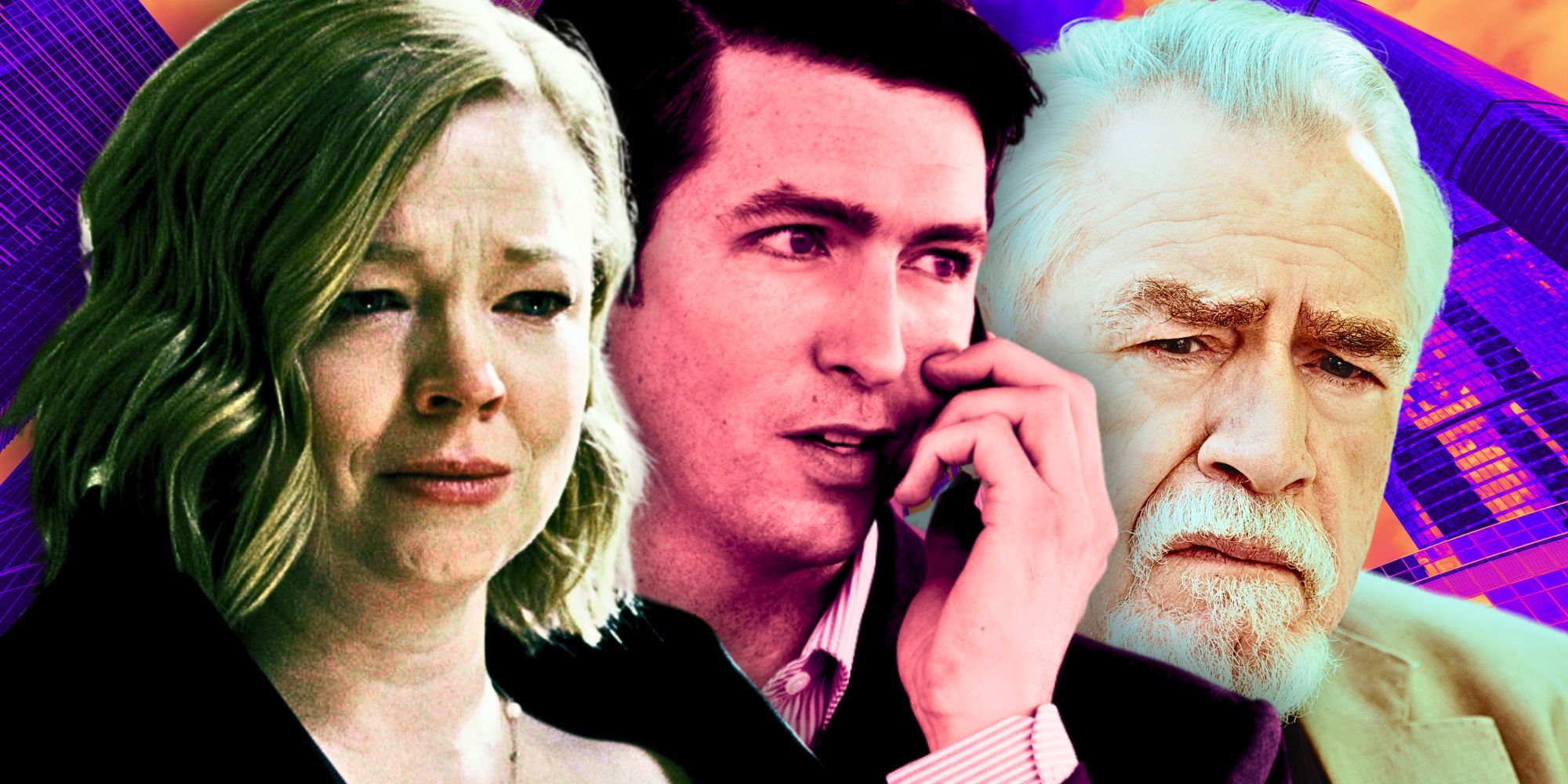 A layered image of Shiv Roy (Sarah Snook) crying, Greg Hirsch (Nicholas Braun) on the phone, and Logan Roy (Brian Cox) frowning in Succession.
