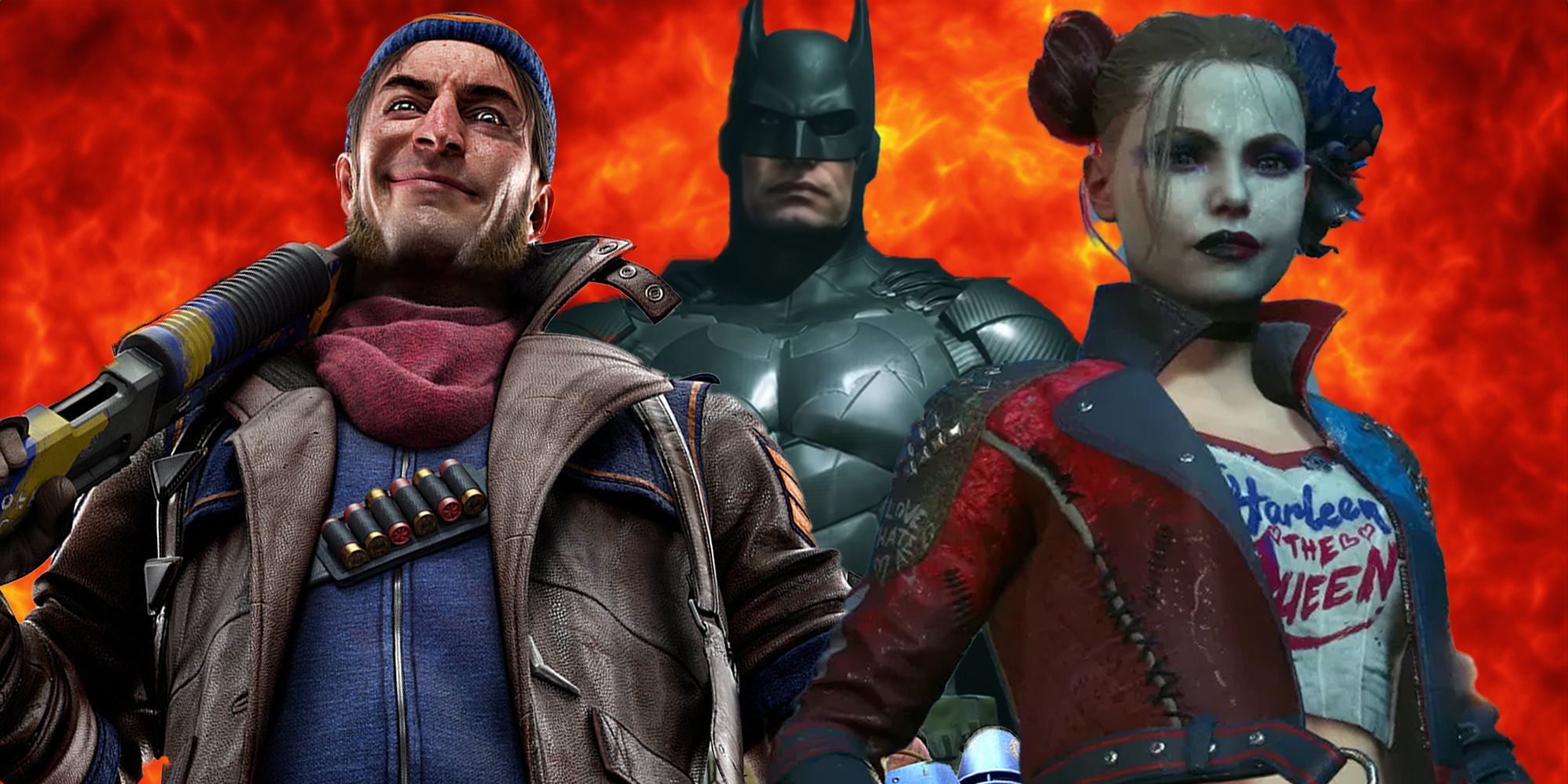 Harley Quinn, Batman, and Captain Boomerang from Suicide Squad: Kill the Justice League.