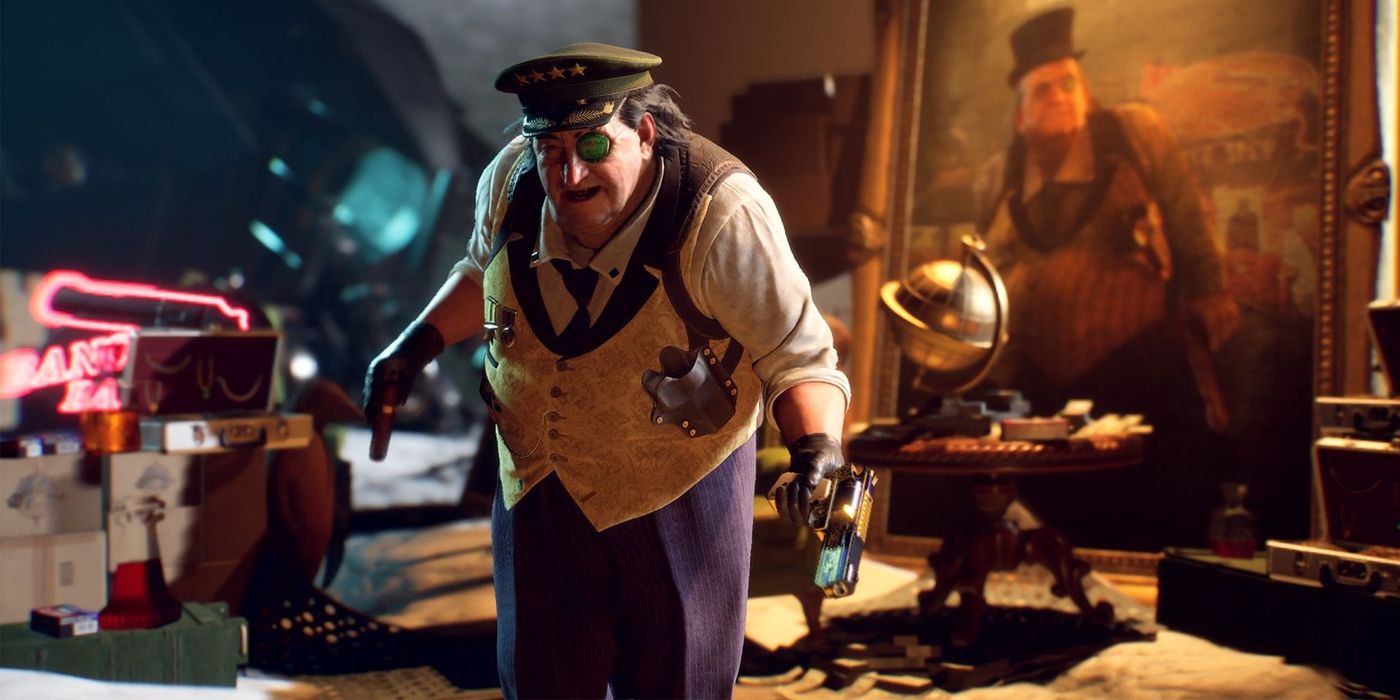 Penguin holds a gun in a warehouse full of valuables, including a life-size portrait of Penguin himself.