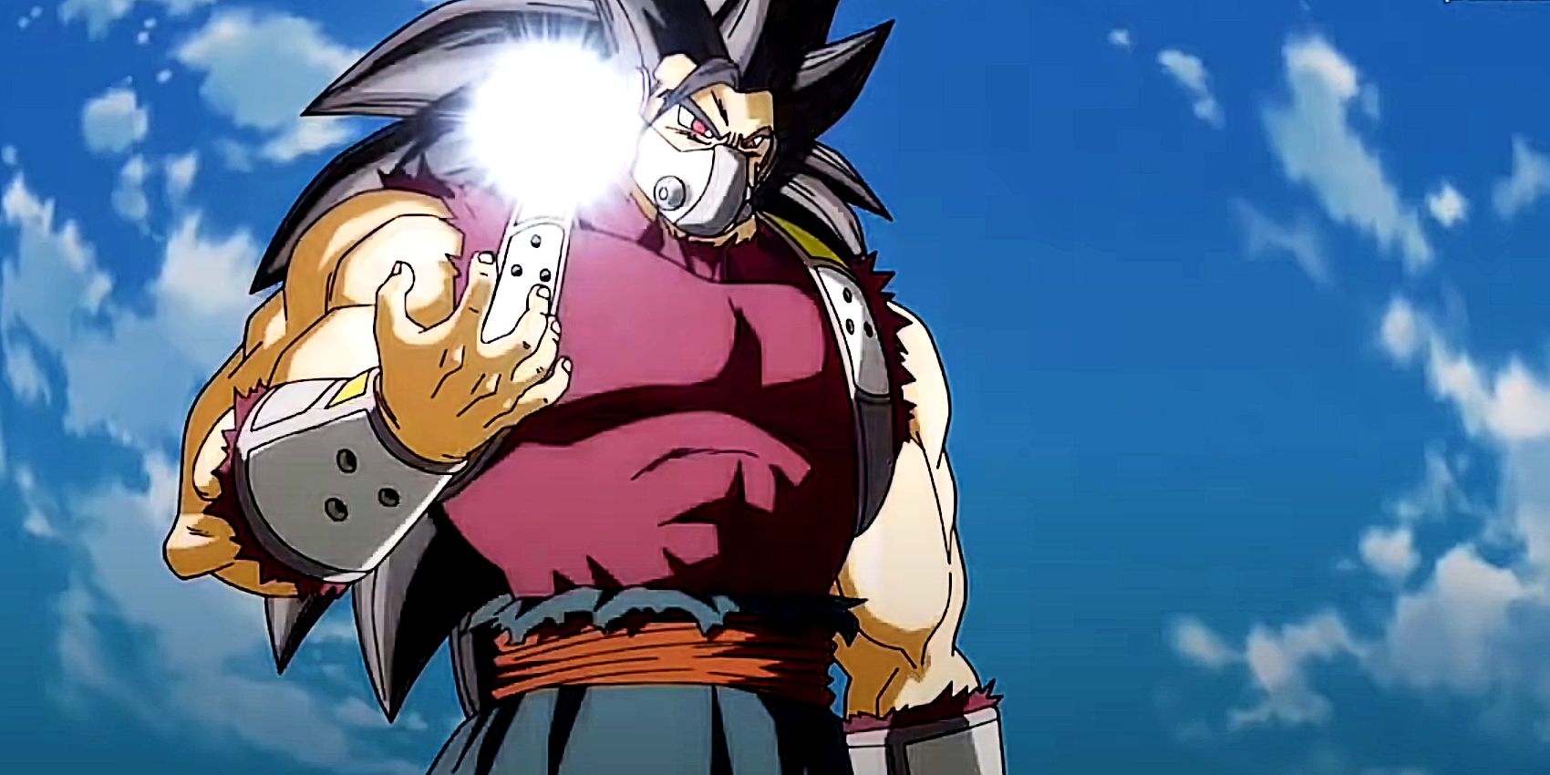Super Dragon Ball Heroes' Cumber floating in the sky and holding a ball of energy.