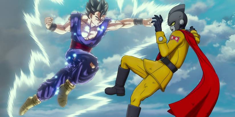 Ultimate Gohan fighting a member of the Red Ribbon Army in Dragon Ball Super: Super Hero.