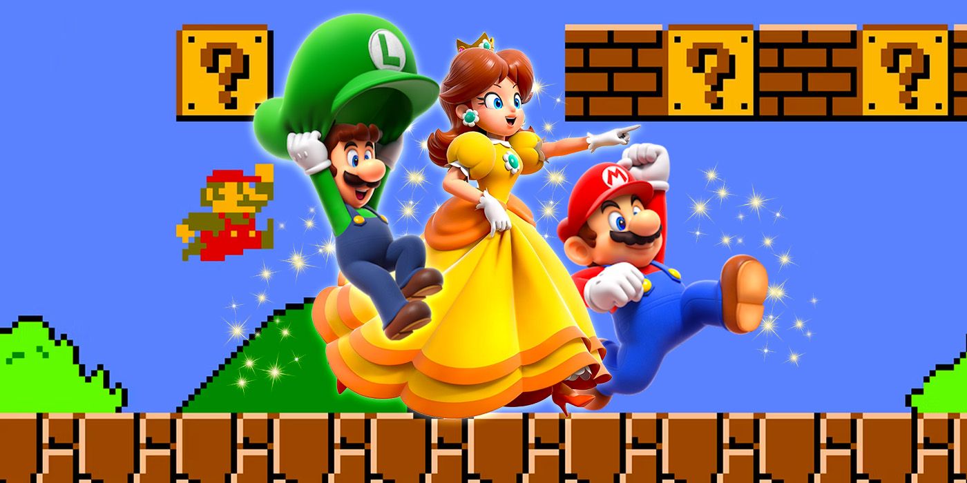 Luigi, Daisy, and Mario on a backdrop of an early Super Mario Bros. level.