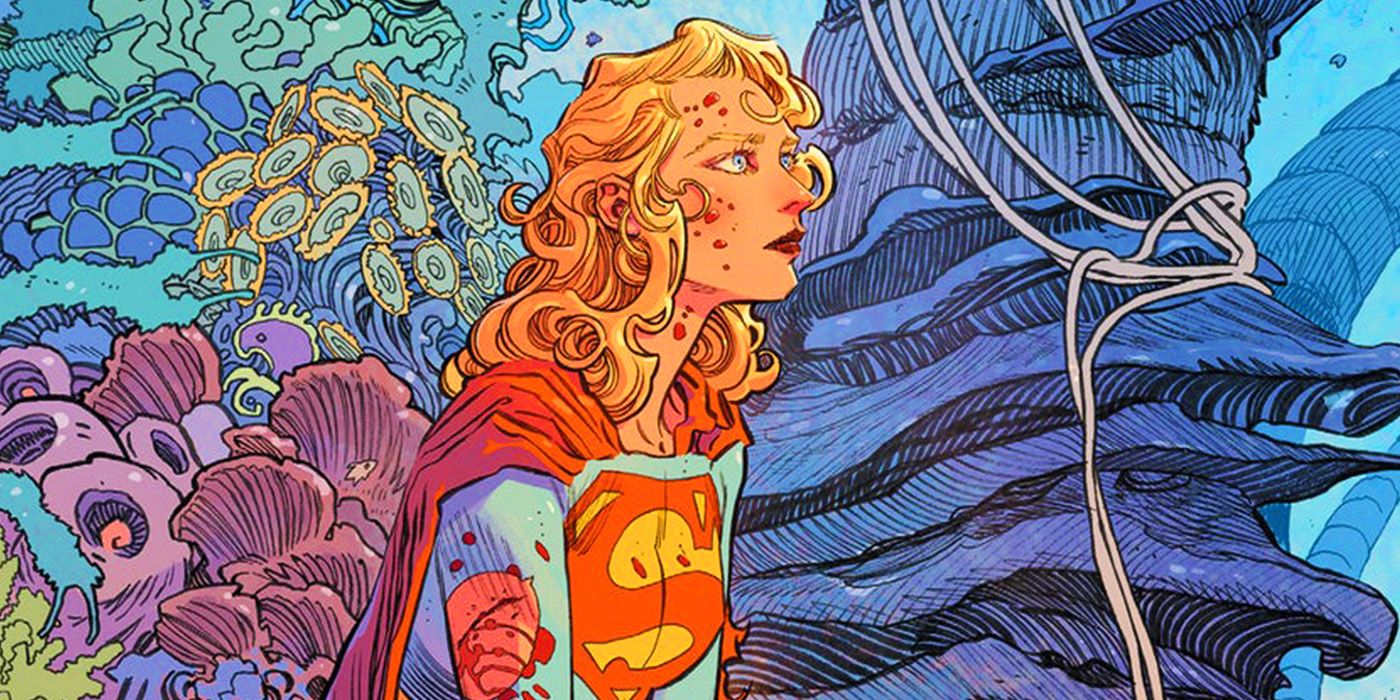 Supergirl em Mulher do Amanhã da DC Comics coberta de sangue olhando para fora do painel