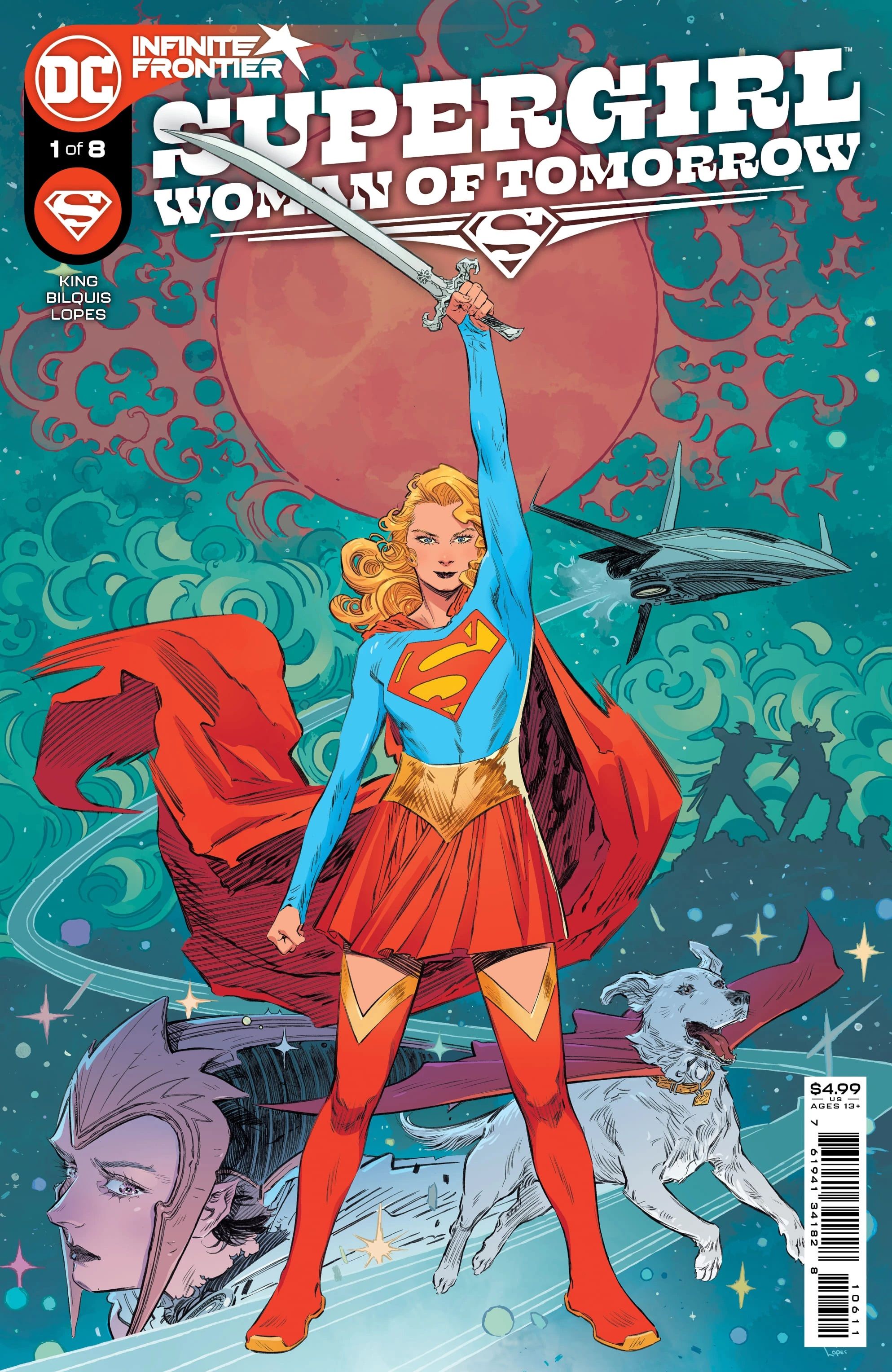 Supergirl coloca la espada encima.  Detrás de ella está el rostro de una mujer joven, el súper perro Krypto, una nave espacial y un gran sol rojo.