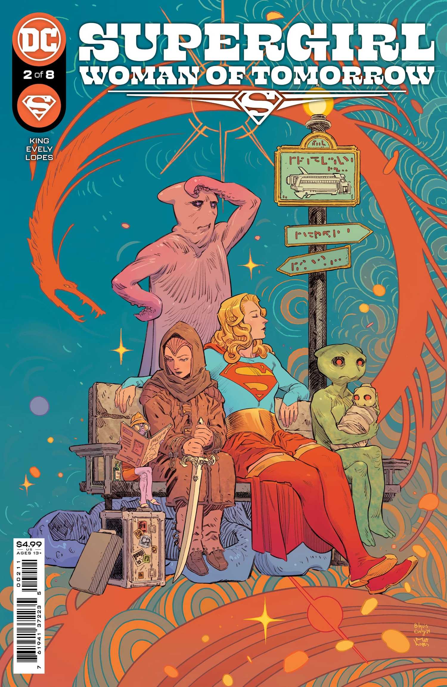 Supergirl and a young woman in a cloak and holding a sword sit at an alien bus stop. Odd figures, alien figures of fellow travelers sit and stand with them and their luggage; a sign points out station directions in an alien language.