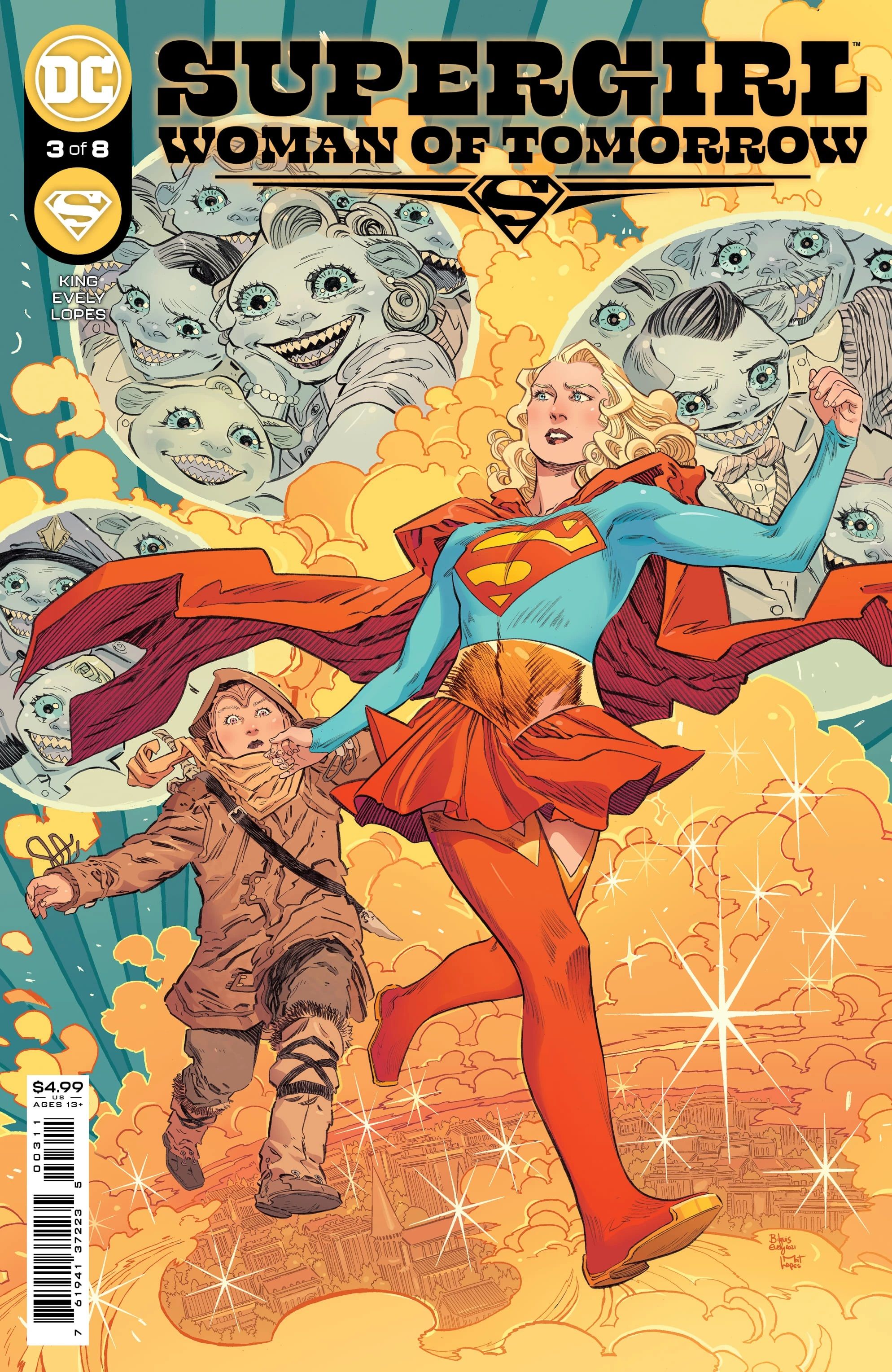 Supergirl holds the arm of a young woman as they run. Behind them, bubbles rise, holding the grinning fishlike faces of an alien species.